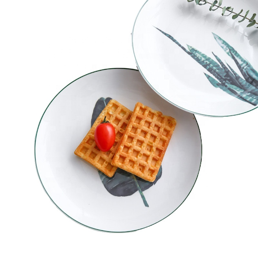 Assiette en Porcelaine 8 Pouces Yajing – Design Plantes Vertes Style Nordique – Plat à Steak, Petit Dejeuner et Dim Sum – Plateau Creatif pour Hotel et Restaurant