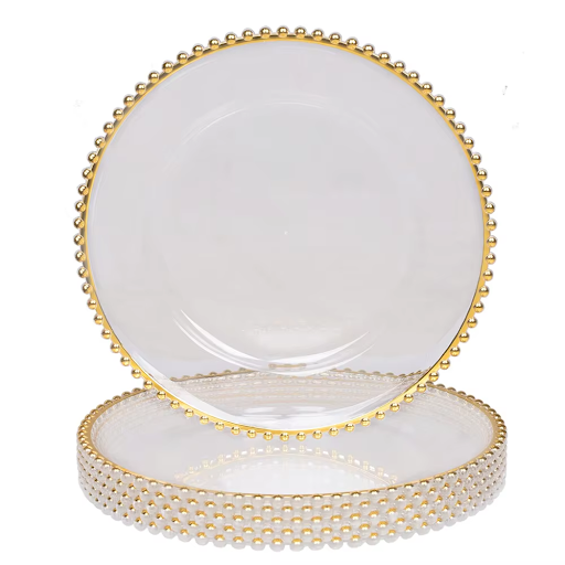 Assiette de présentation, charge ronde en plastique transparent de 13 pouces avec garniture dorée, Design perlé avec or pour hôtel ou fête Vaisselle de table élégante