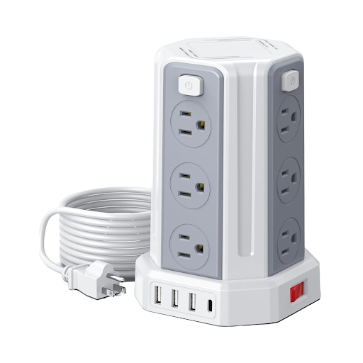 Rallonge Multiprise Parasurtenseur SMALLRT– 12 Prises AC + 3 USB A + 1 Type-C – Cable Longue Portée 10ft – Protection Résidentielle – Matériel Ignifuge Blanc