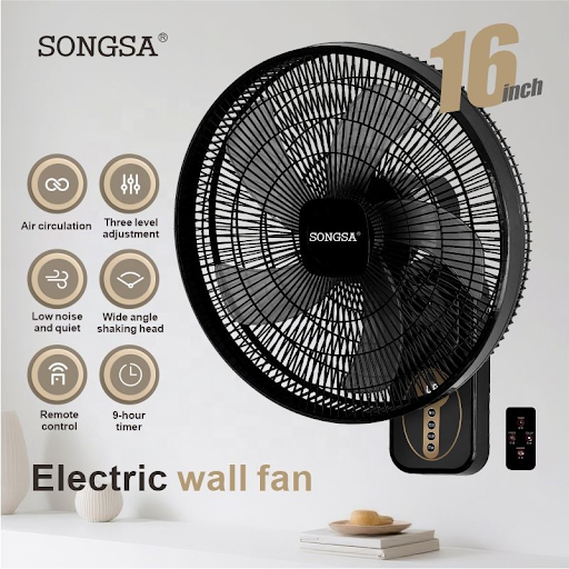 Ventilateur Mural 16 Pouces LXF-826 – Noir avec Télécommande – 5 Helices – Moteur 45W Silencieux – 8 Vitesses et Minuteur – Performance Énergétique Classe A